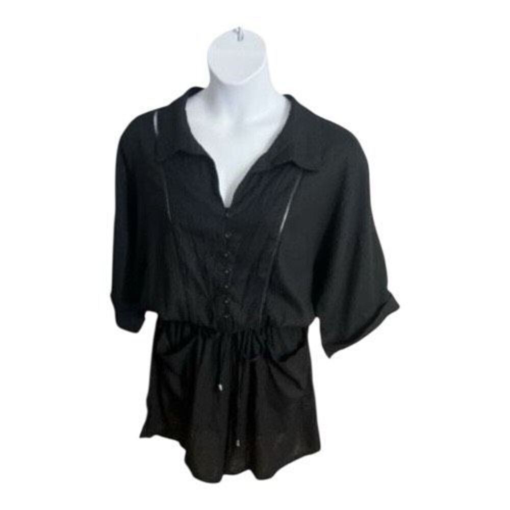 Black Linen Button Up Romper Plus Size 2X Tie Waist Short Sleeve Pockets Summer
